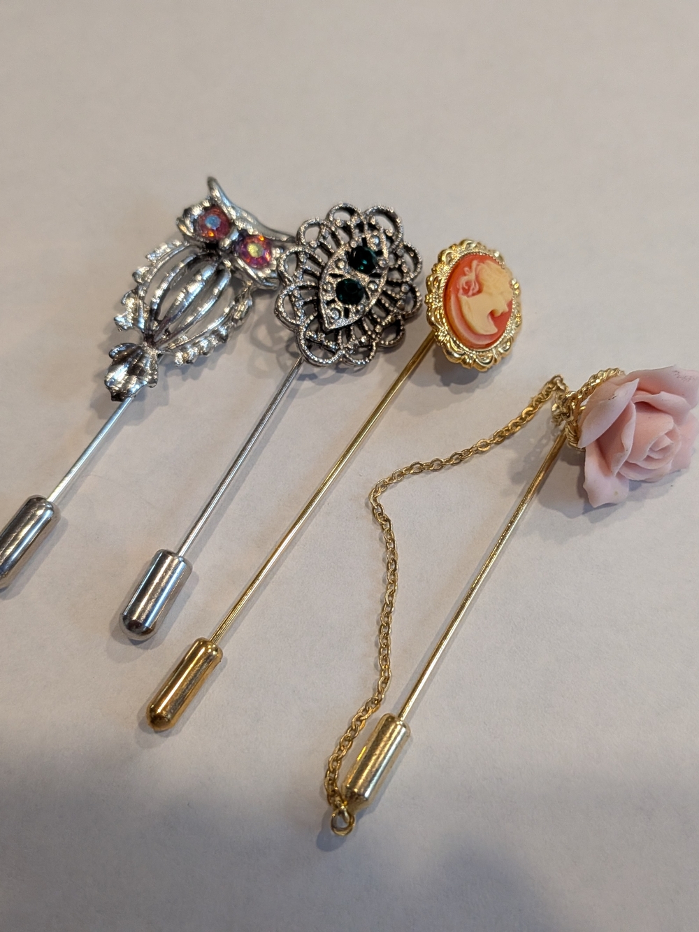 Gold and Silver Floral & Cameo Stick Pins Set - Women Jewelry